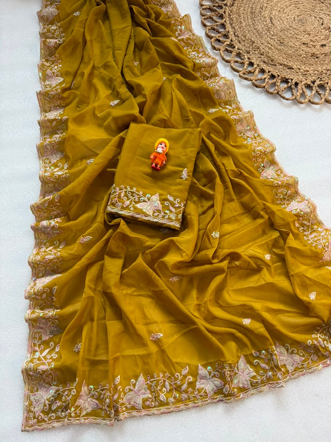 Peachmode Mustard Sequin Embroidered Star Georgette Saree - Image 4