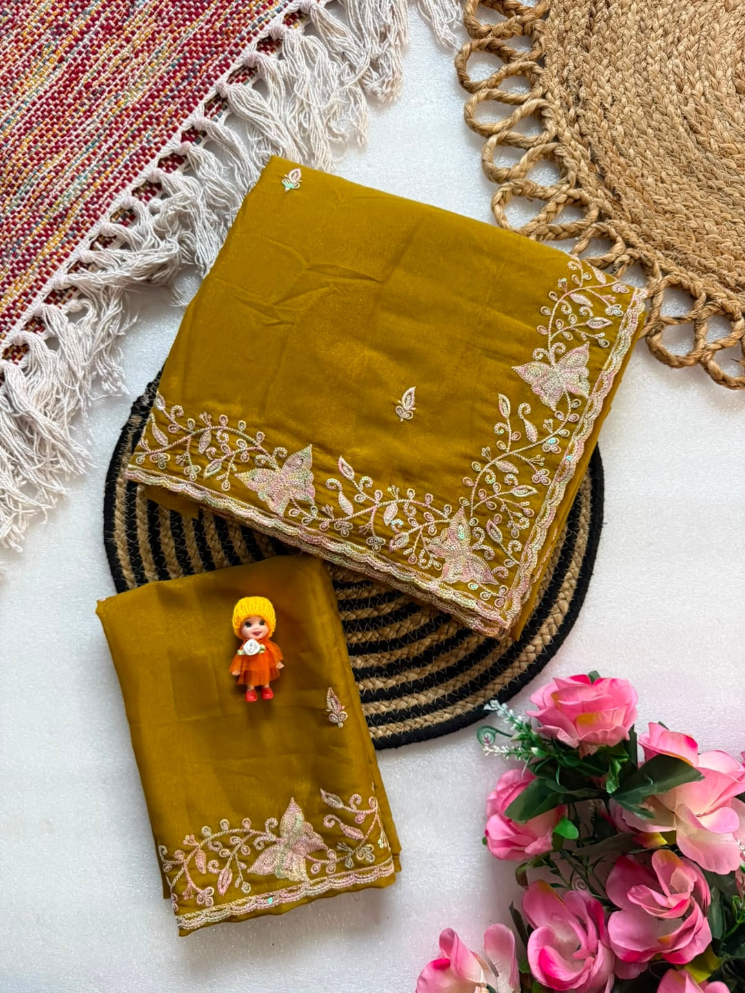 Peachmode Mustard Sequin Embroidered Star Georgette Saree - Image 5