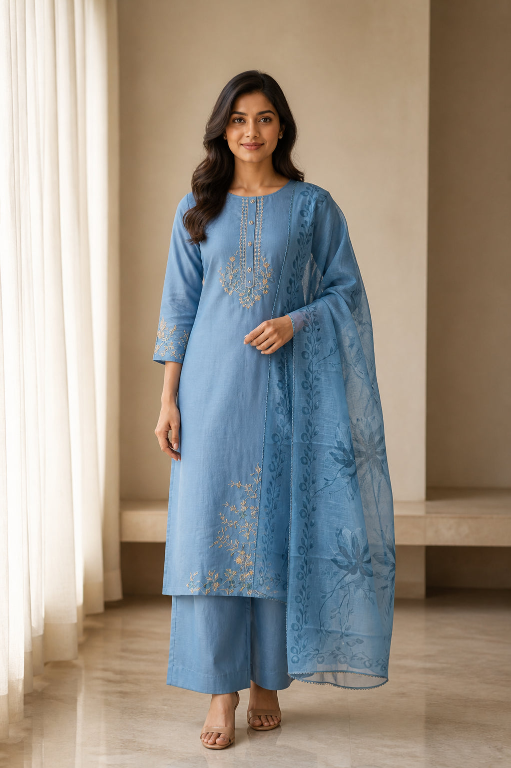 Peachmode Sky Blue Chanderi Silk Floral Embroidered Salwar Suit - Image 1