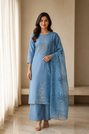 Peachmode Sky Blue Chanderi Silk Floral Embroidered Salwar Suit - Image 1