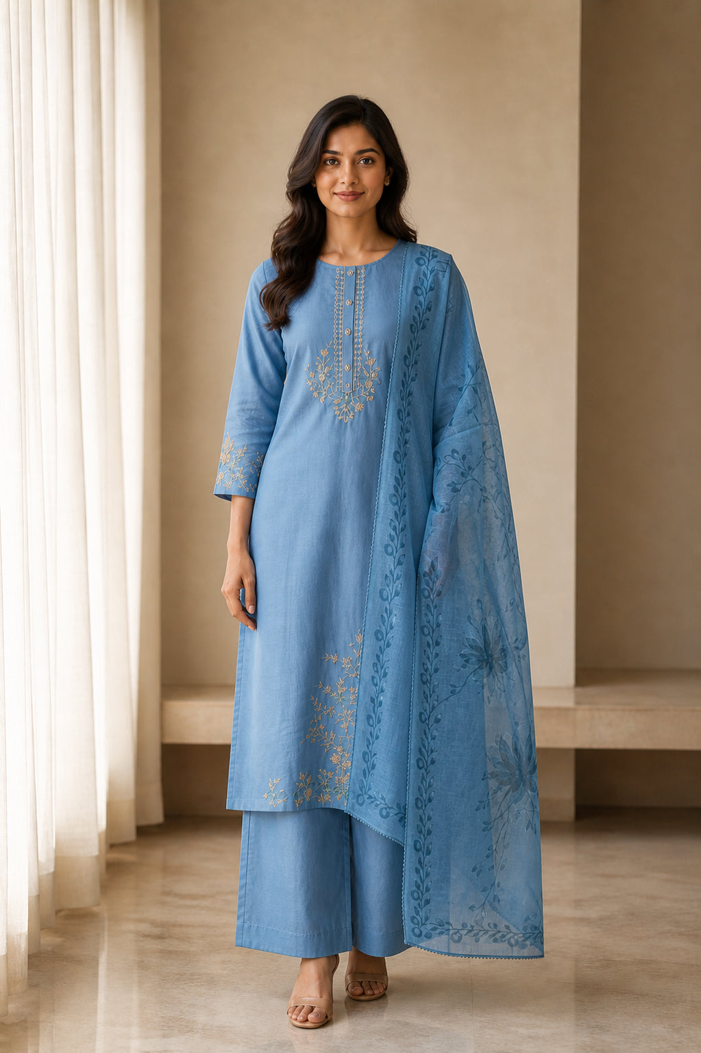 Peachmode Sky Blue Chanderi Silk Floral Embroidered Salwar Suit - Image 2