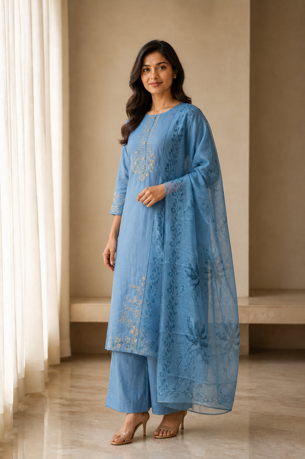 Peachmode Sky Blue Chanderi Silk Floral Embroidered Salwar Suit - Image 3