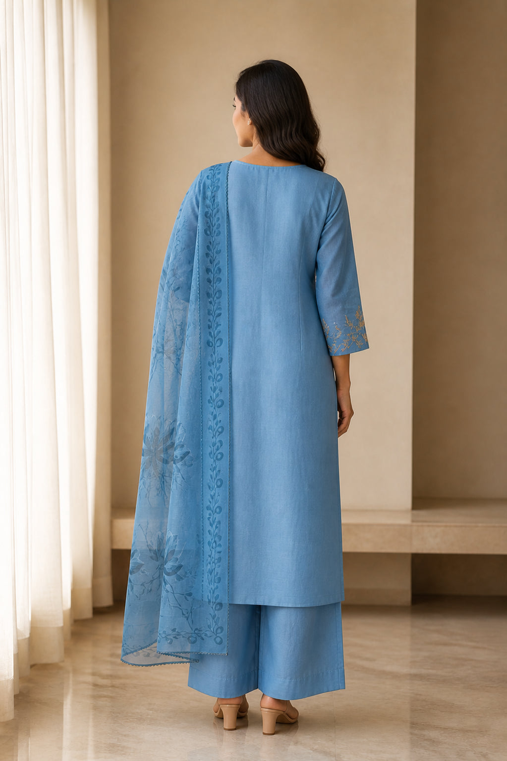 Peachmode Sky Blue Chanderi Silk Floral Embroidered Salwar Suit - Image 4