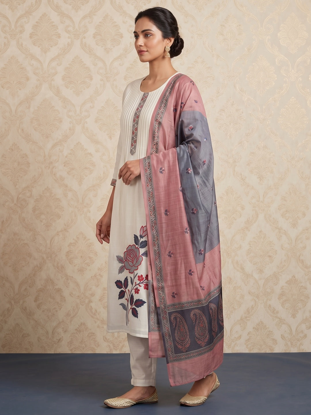 Peachmode Off White Chanderi Floral Embroidered Salwar Suit Set - Image 3