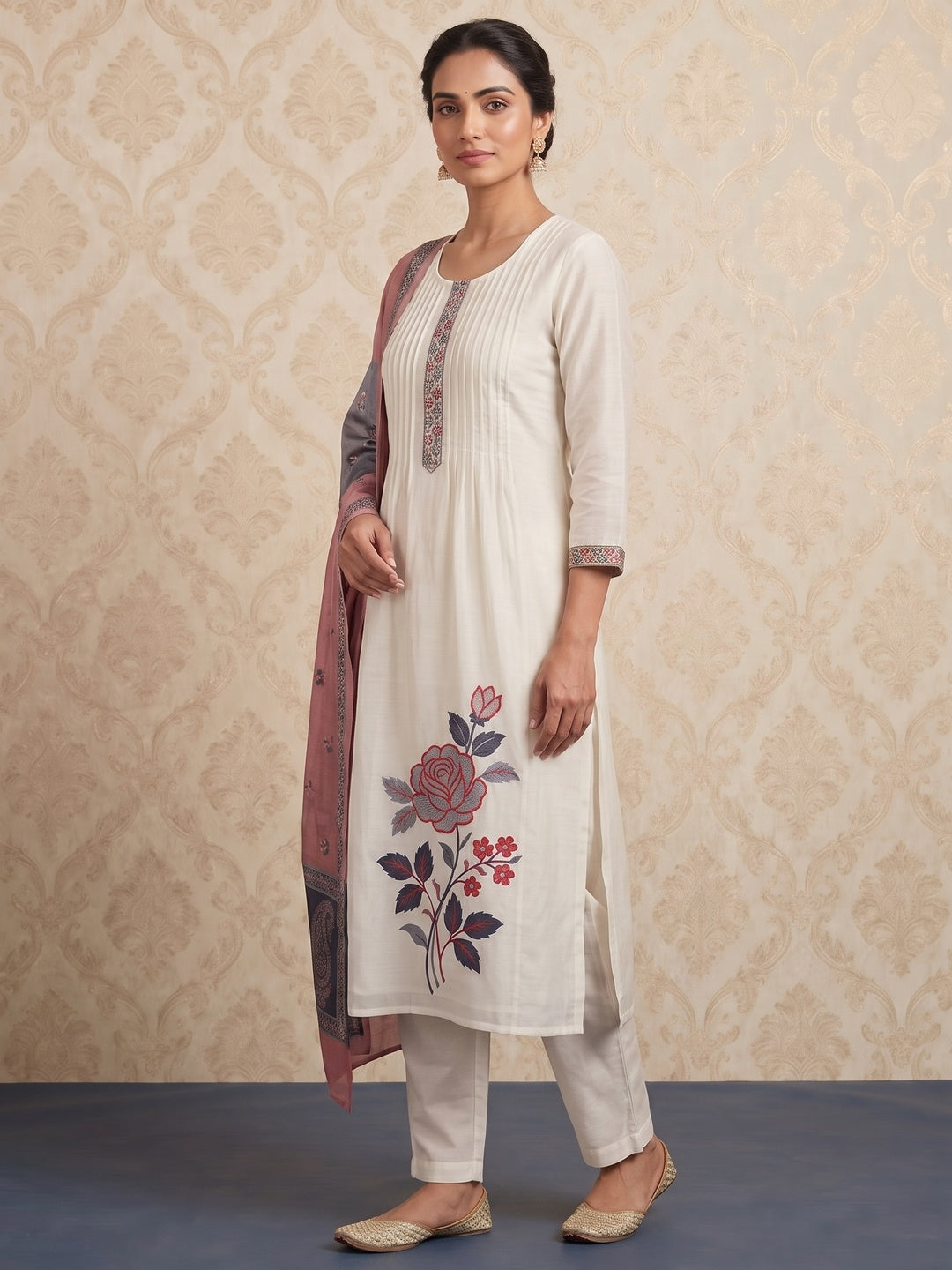 Peachmode Off White Chanderi Floral Embroidered Salwar Suit Set - Image 4