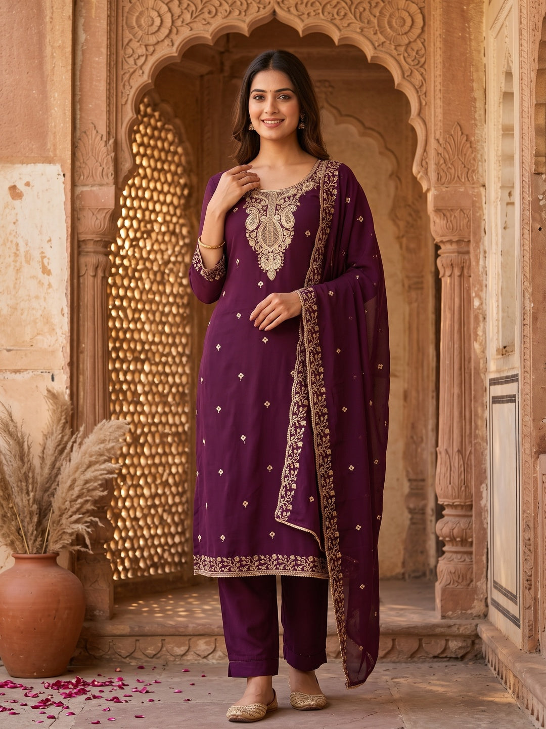 Wine Georgette Dress Material Accentuated With Delicate Floral Embroidery & Sequins Work - Image 1