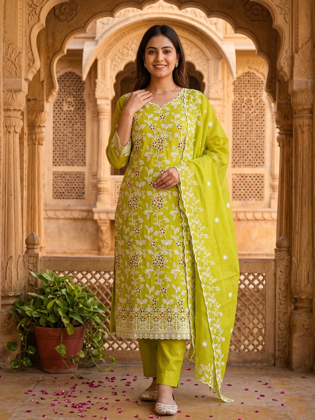 Parrot Green Chanderi Cotton Dress Material Adorned With Elegant Floral Thread Embroidery Work - Image 1