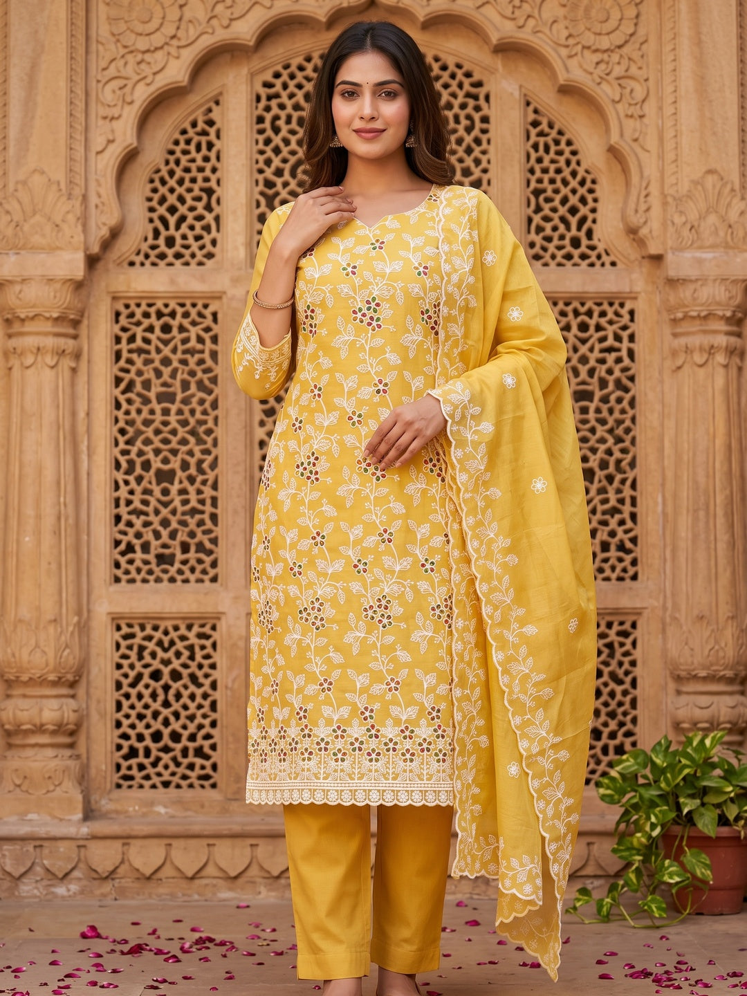 Yellow Chanderi Cotton Dress Material Adorned With Elegant Floral Thread Embroidery Work - Image 1