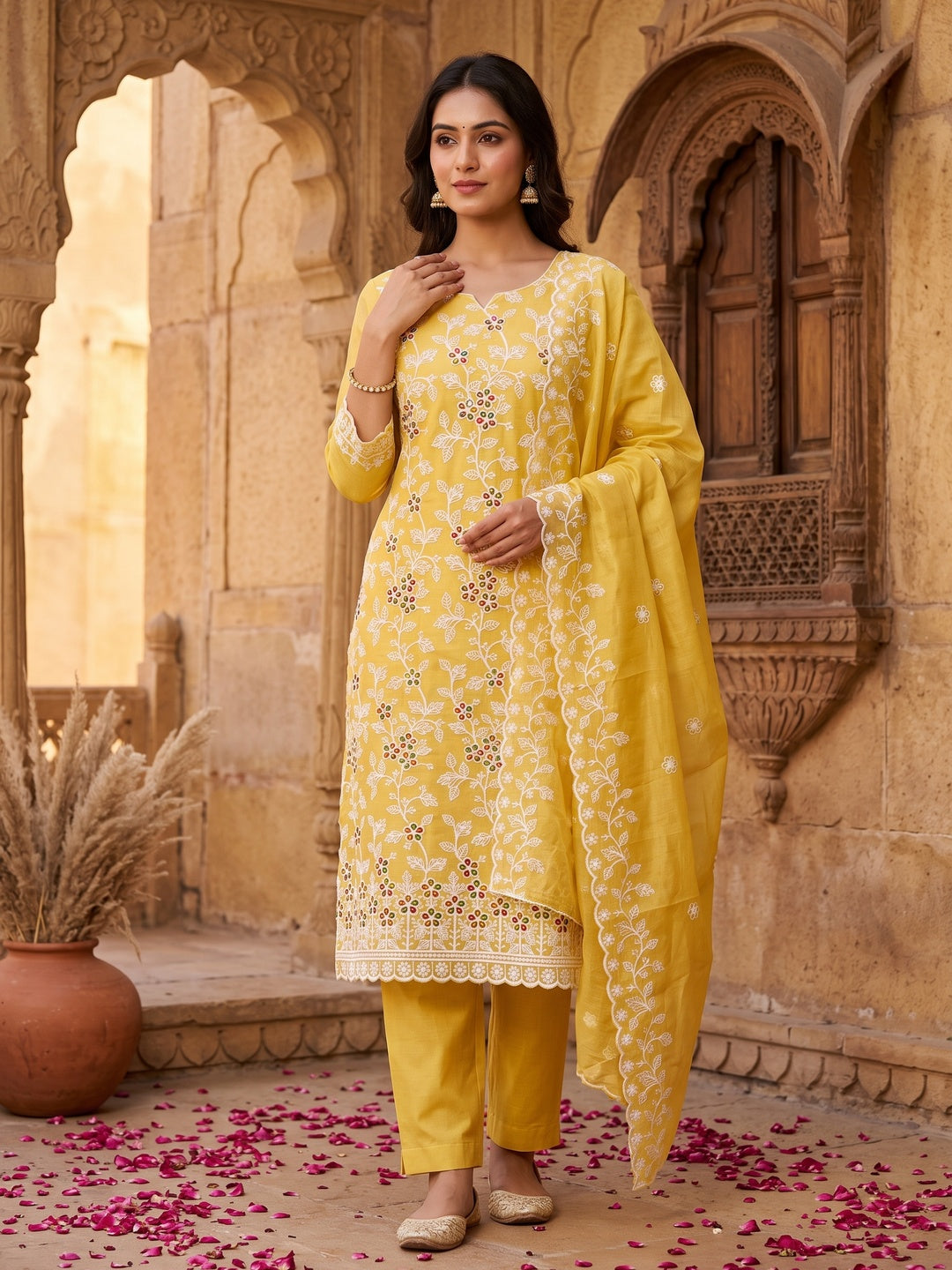 Yellow Chanderi Cotton Dress Material Adorned With Elegant Floral Thread Embroidery Work - Image 2