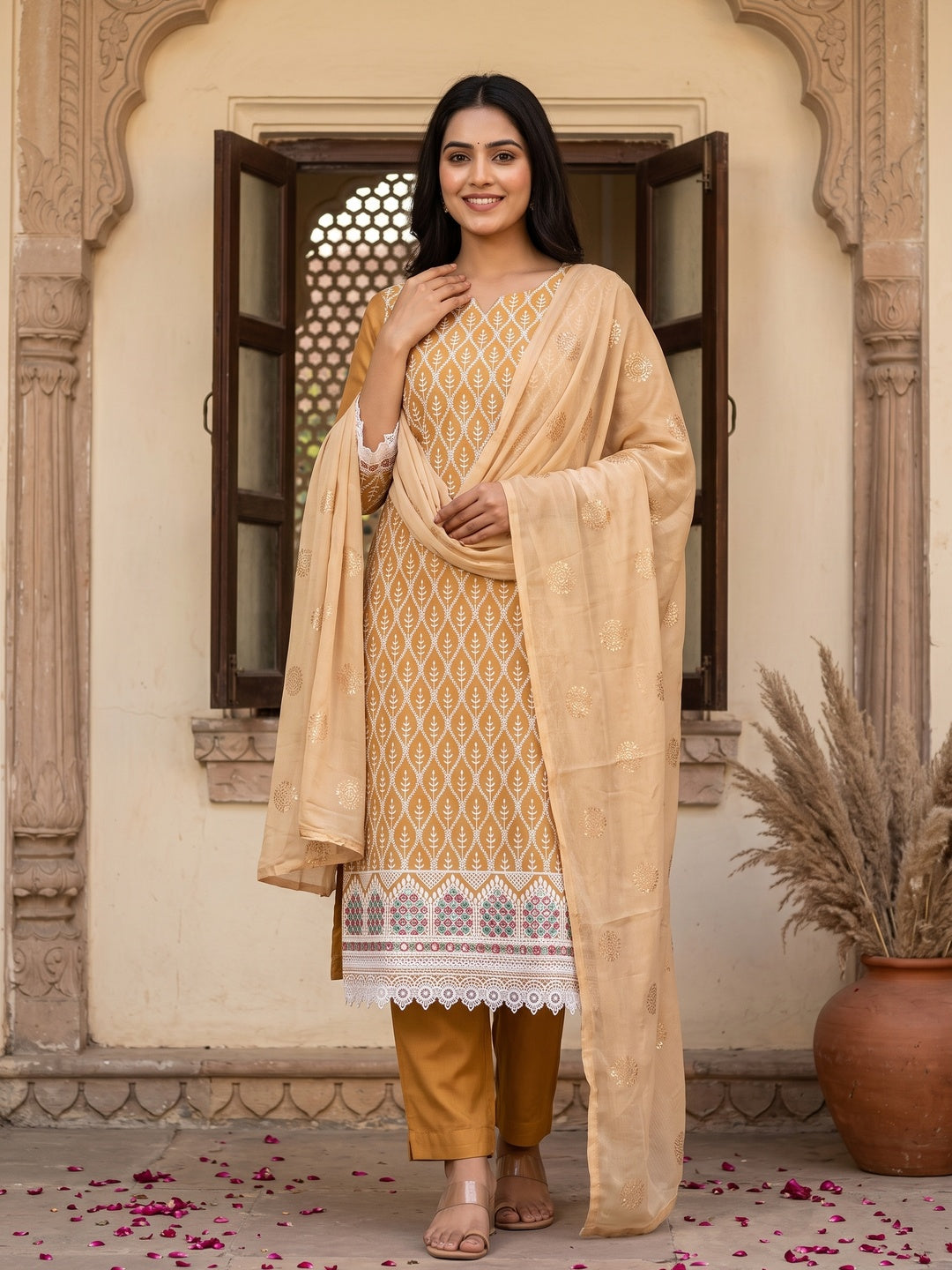 Beige Embroidered Chanderi Dress Material - Image 4