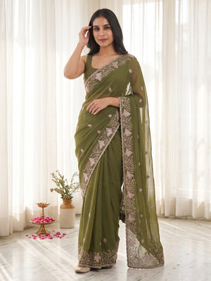 Peachmode Olive Green Sequin Embroidered Star Georgette Saree - Image 1
