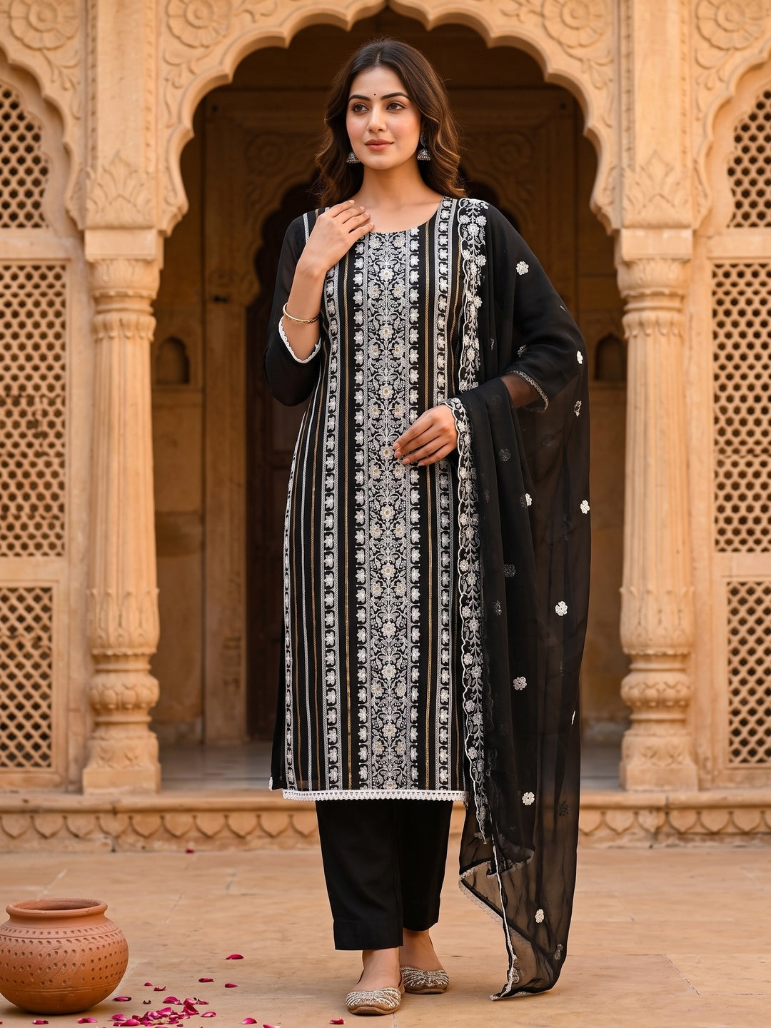 Black Floral Embroidered Georgette Dress Material - Image 4