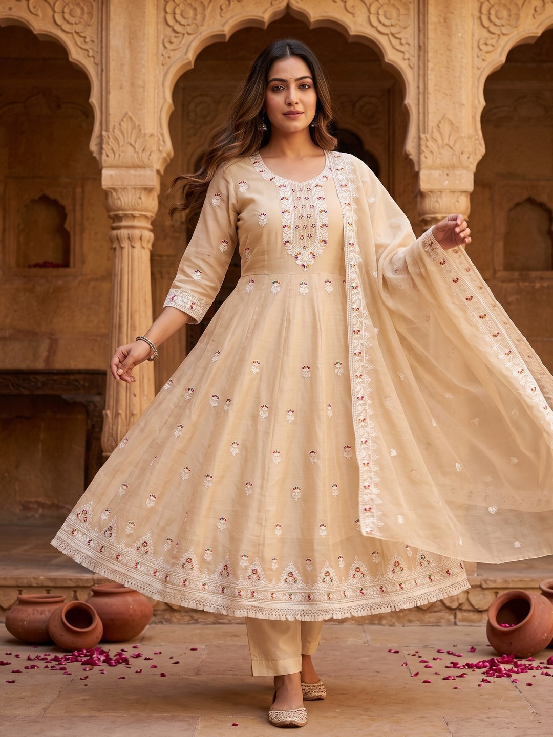 Cream Chanderi Silk Dress Material with Embroidery and Intricate Thread Detailing - Image 4
