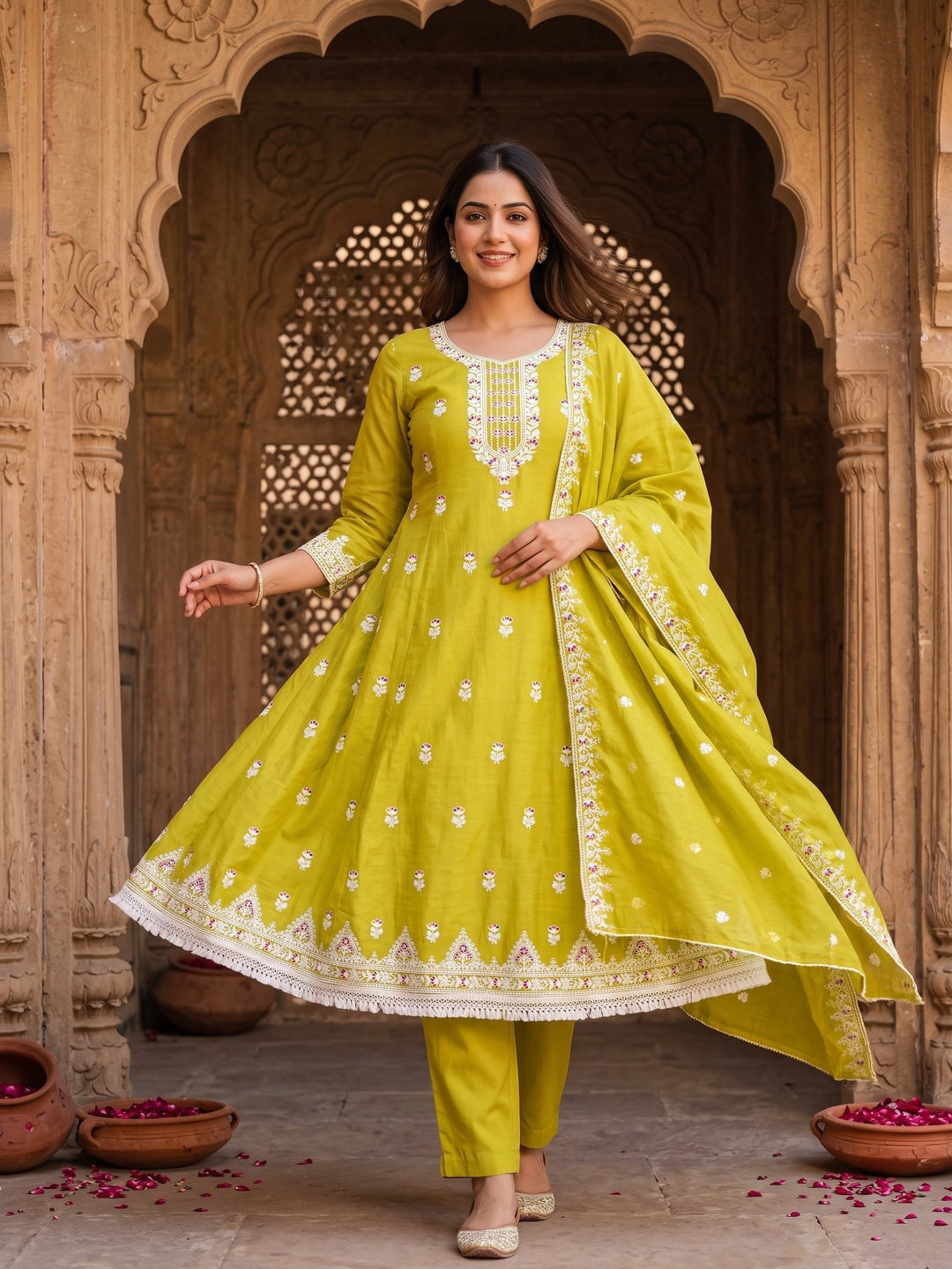 Green Chanderi Silk Dress Material with Embroidery and Intricate Thread Detailing - Image 4