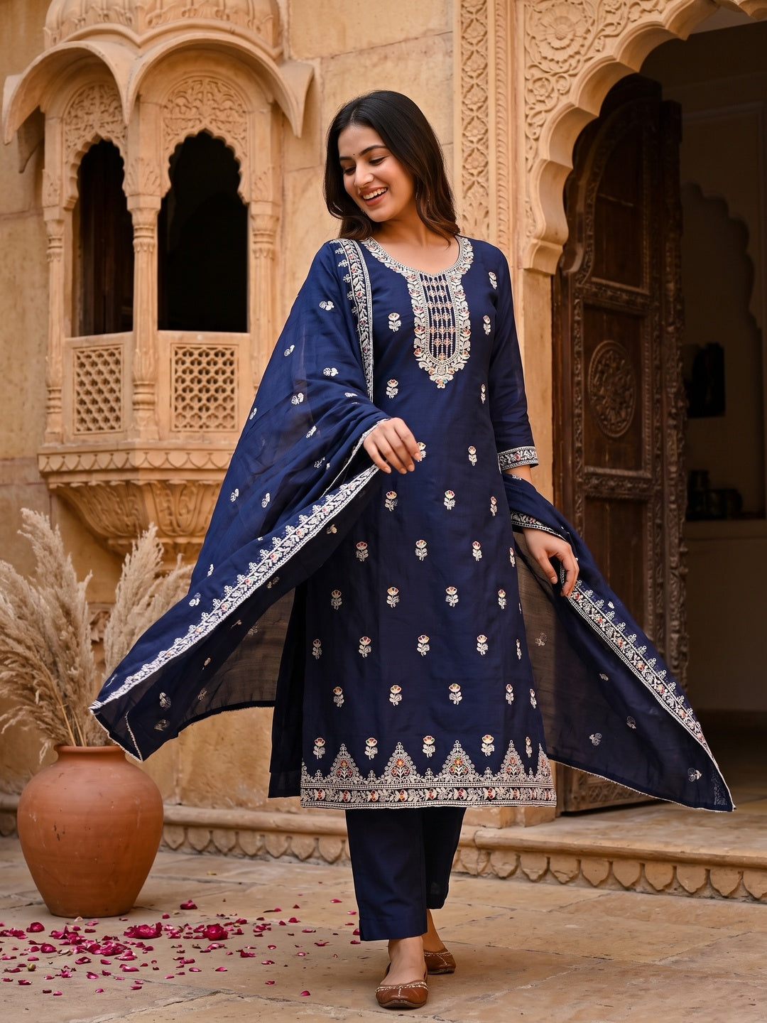 Navy Blue Chanderi Silk Dress Material with Embroidery and Intricate Thread Detailing - Image 4