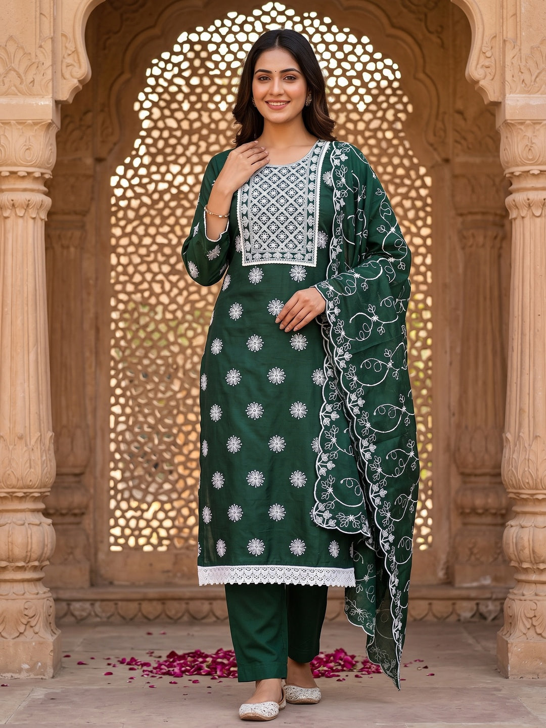 Bottle Green Floral Embroidered Chanderi Dress Material - Image 4