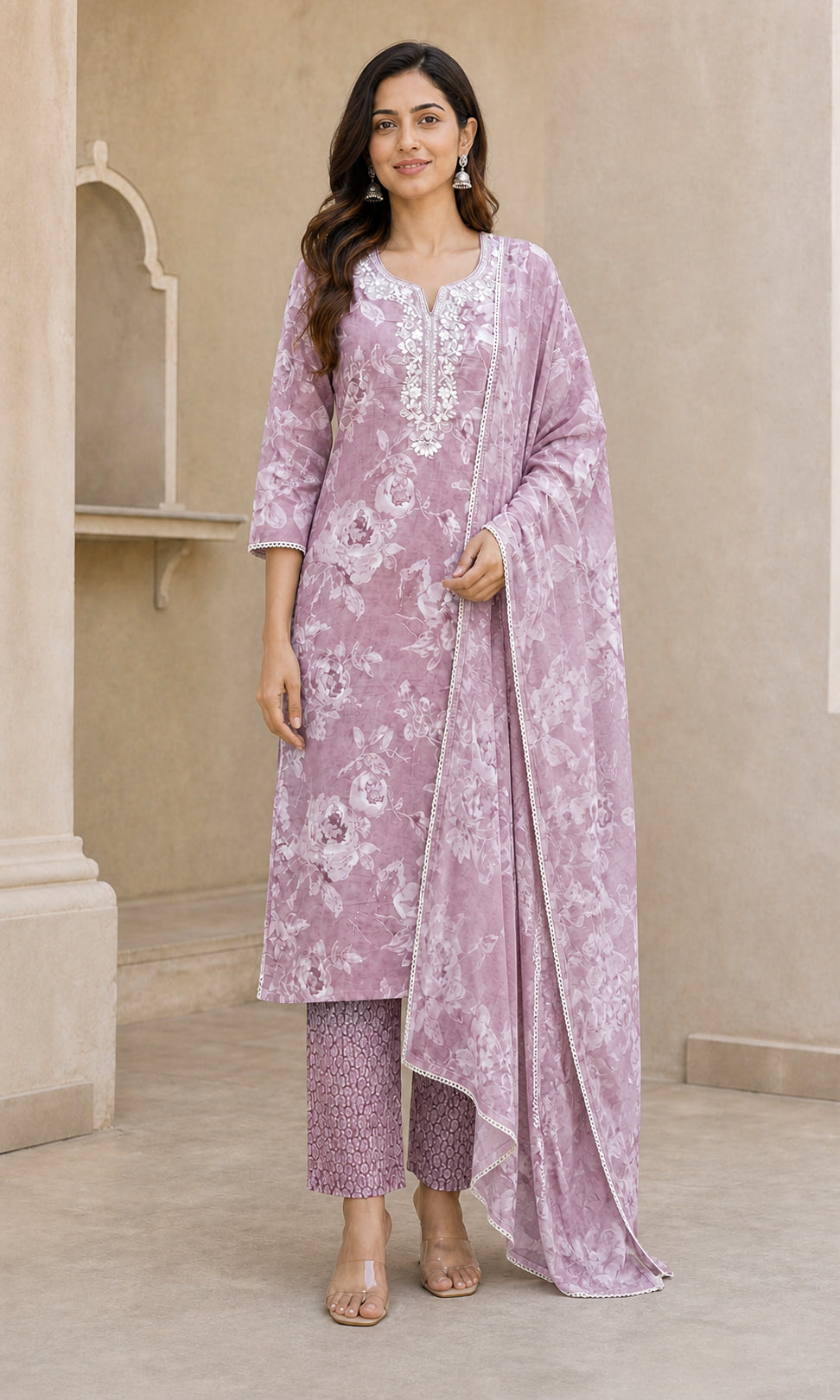 Peachmode Pink Pure Cotton Floral Printed & Embroidered Salwar Suit Set - Image 2