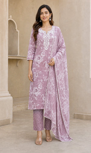 Peachmode Pink Pure Cotton Floral Printed & Embroidered Salwar Suit Set - Image 2