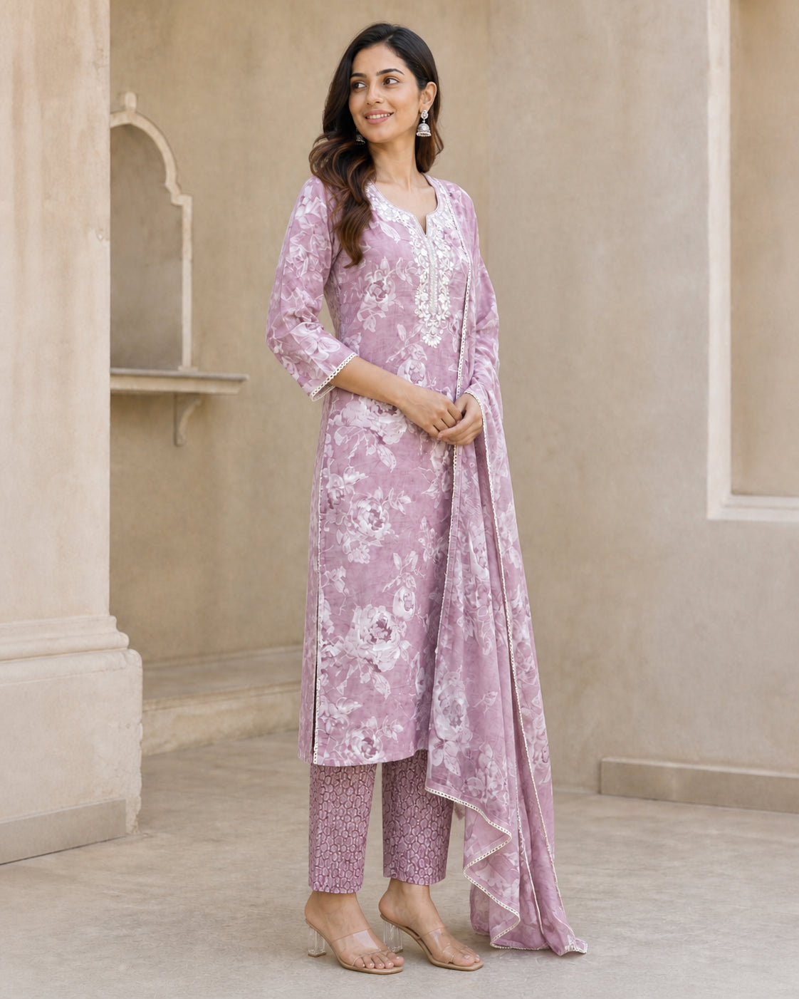 Peachmode Pink Pure Cotton Floral Printed & Embroidered Salwar Suit Set - Image 3