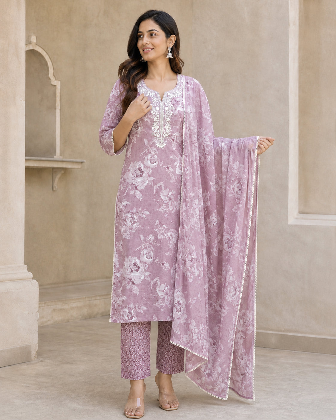 Peachmode Pink Pure Cotton Floral Printed & Embroidered Salwar Suit Set - Image 5