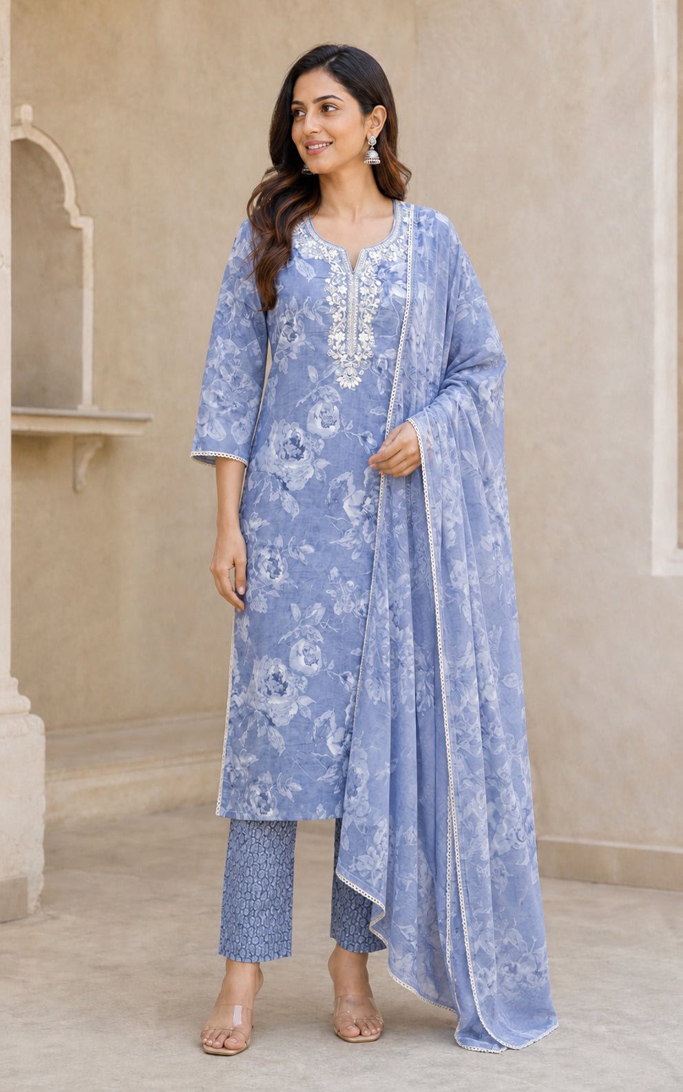 Peachmode Blue Pure Cotton Floral Printed & Embroidered Salwar Suit Set - Image 2