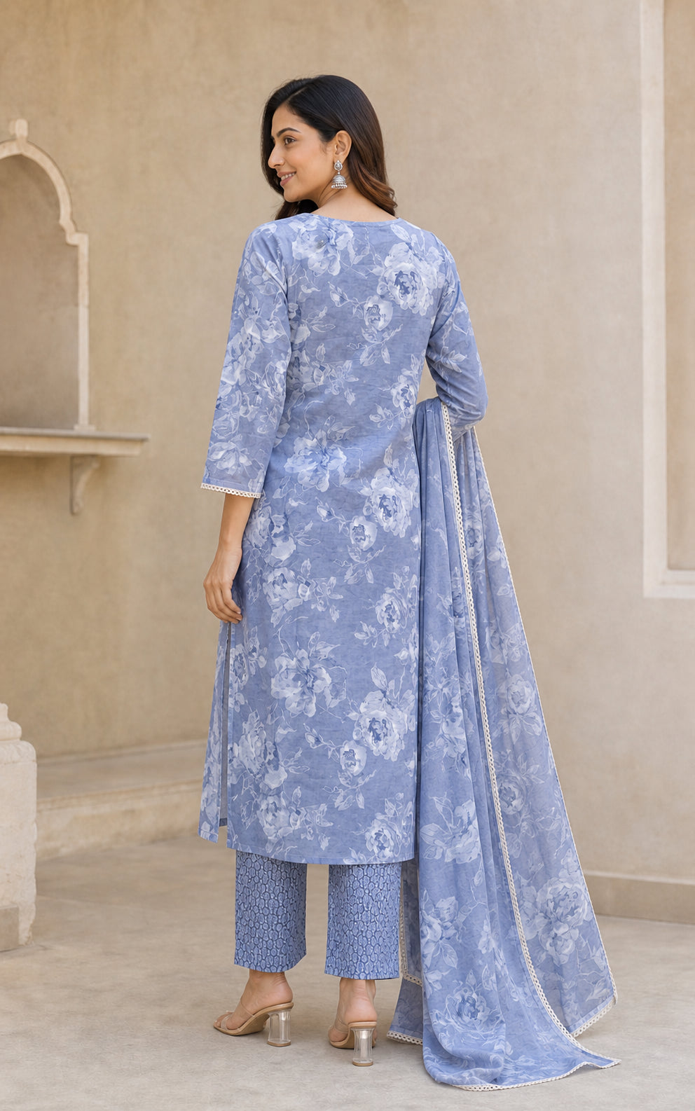 Peachmode Blue Pure Cotton Floral Printed & Embroidered Salwar Suit Set - Image 4