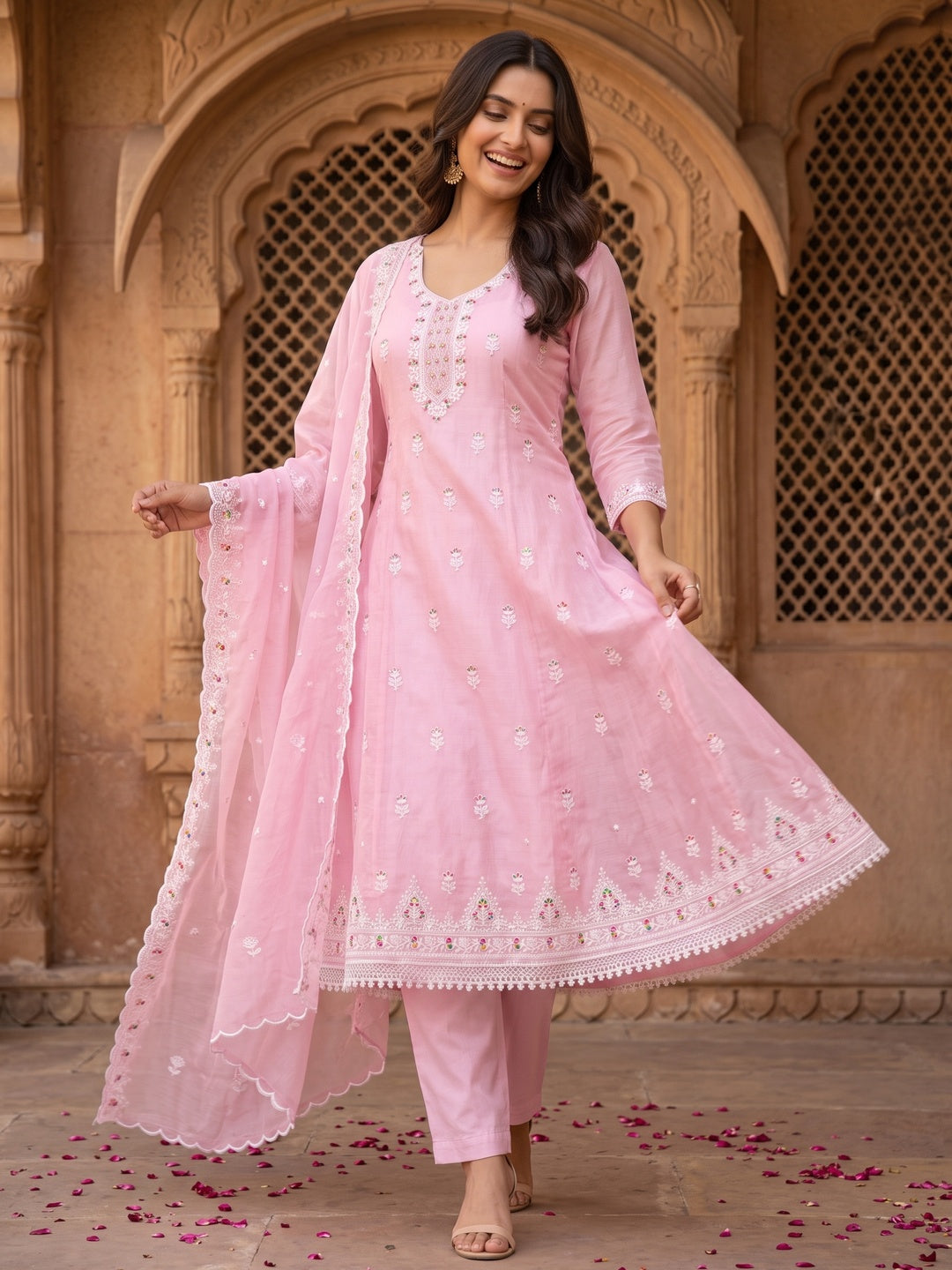 Pink Chanderi Silk Dress Material with Embroidery and Intricate Thread Detailing - Image 5