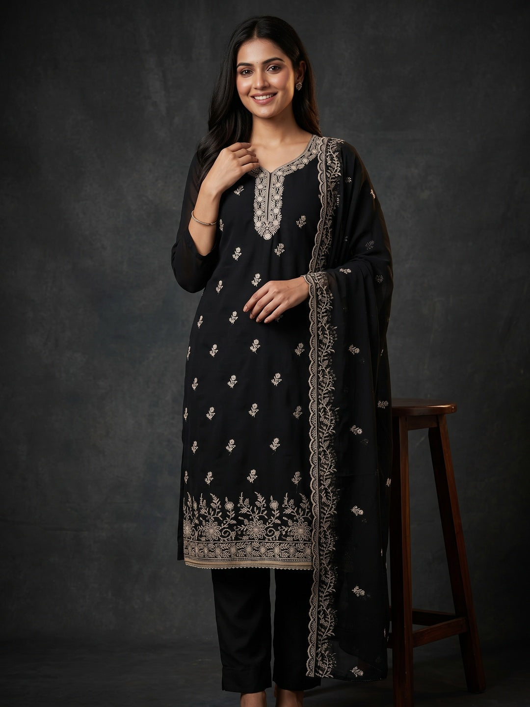 Luxe Black Floral Zari Embroidered Georgette Dress Material With Fine Artistry - Image 5