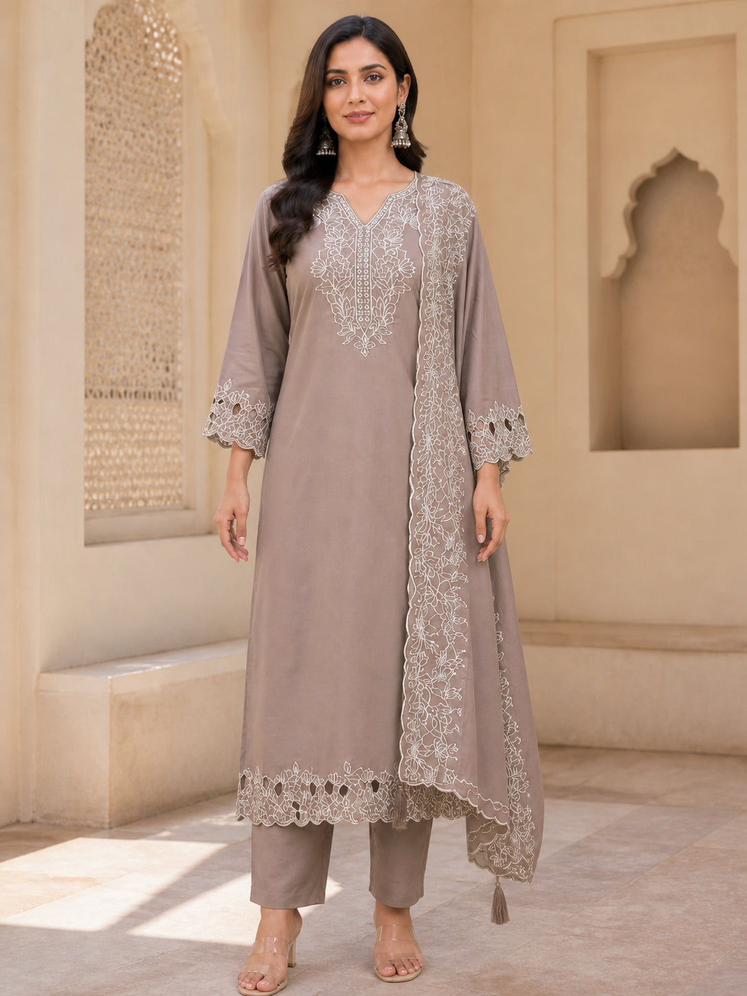 Peachmode Brown Poly Blend Floral Embroidered Salwar Suit Set - Image 2