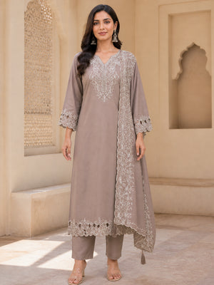 Peachmode Brown Poly Blend Floral Embroidered Salwar Suit Set - Image 2