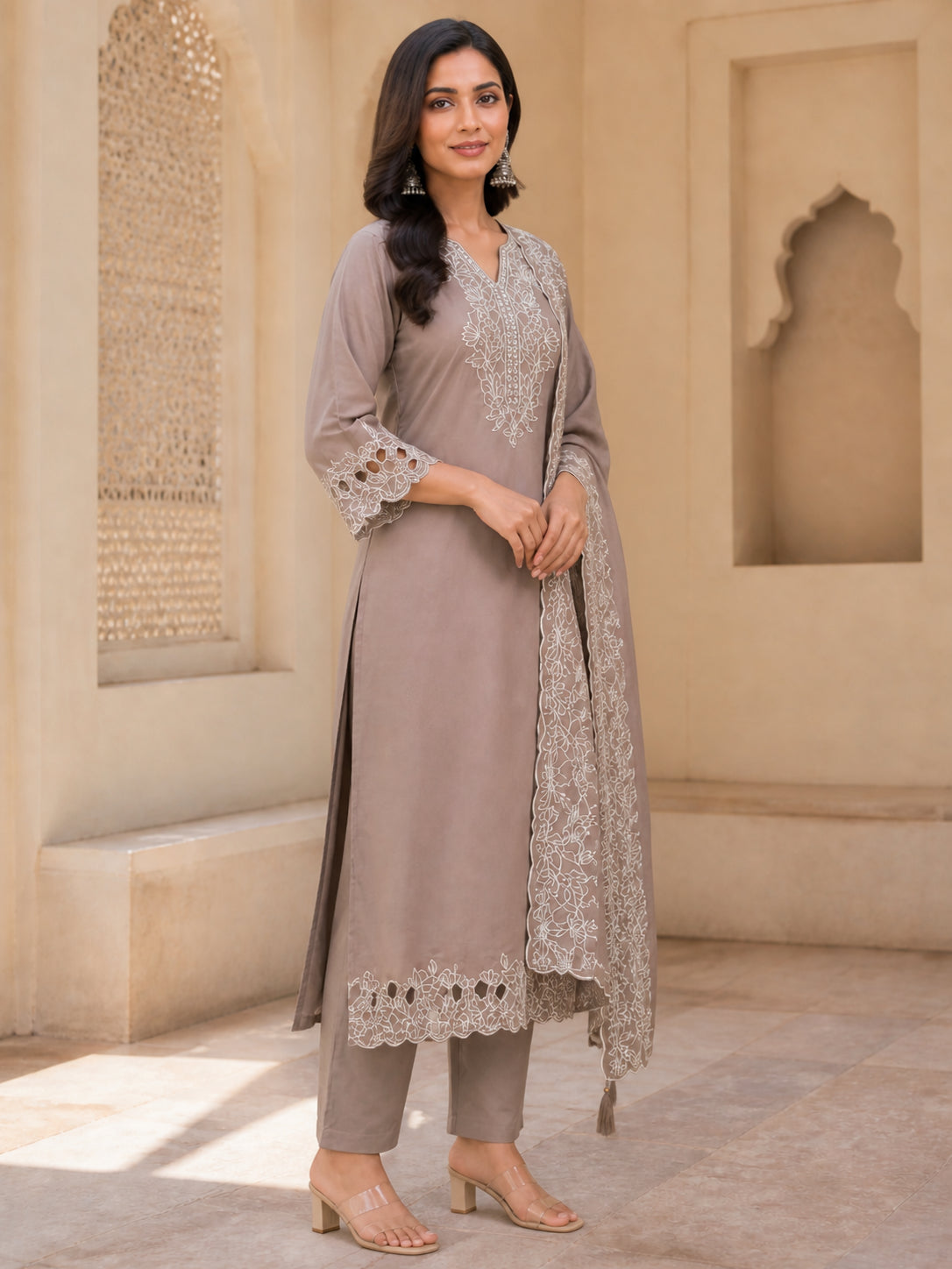 Peachmode Brown Poly Blend Floral Embroidered Salwar Suit Set - Image 3