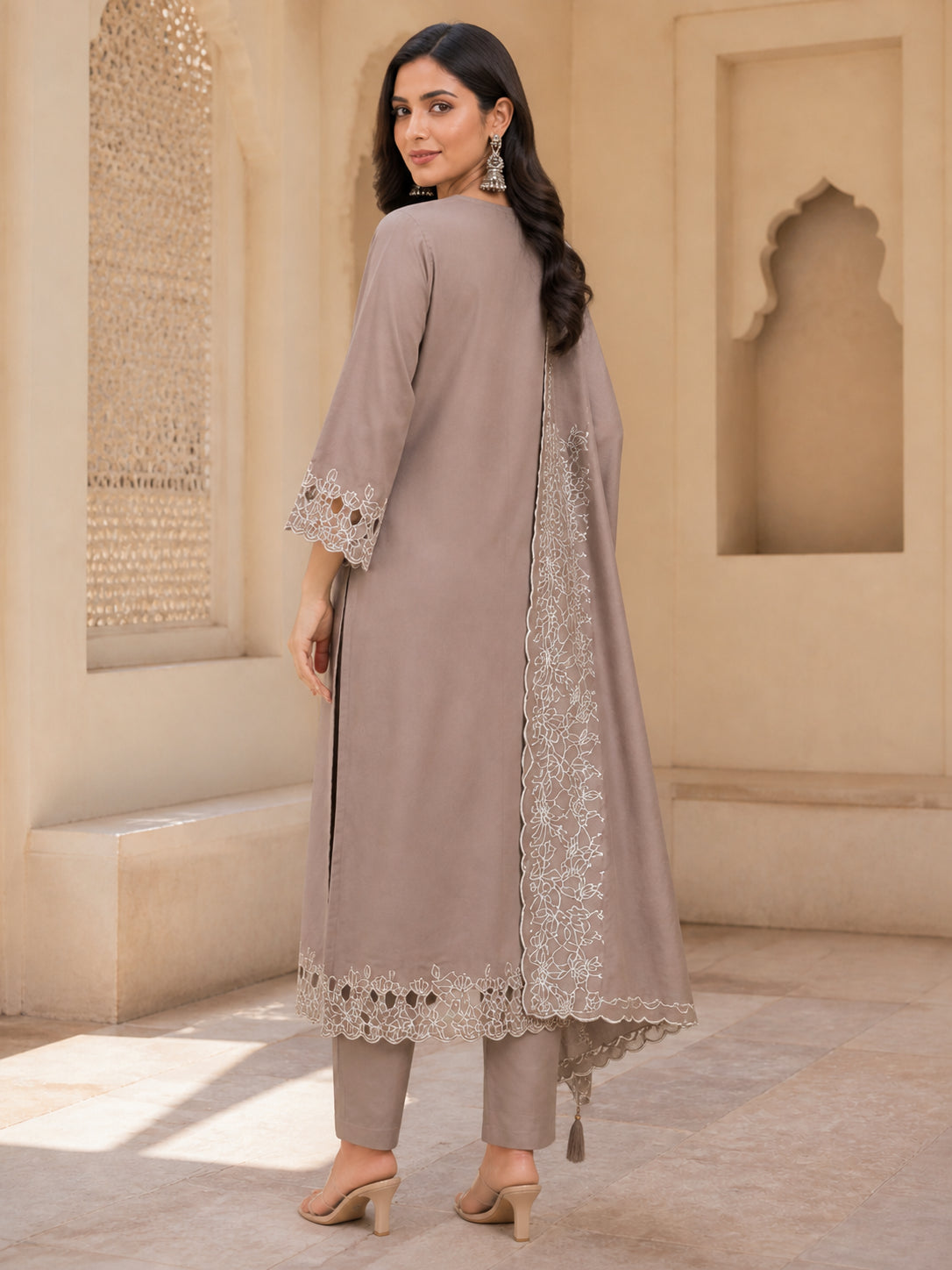 Peachmode Brown Poly Blend Floral Embroidered Salwar Suit Set - Image 4