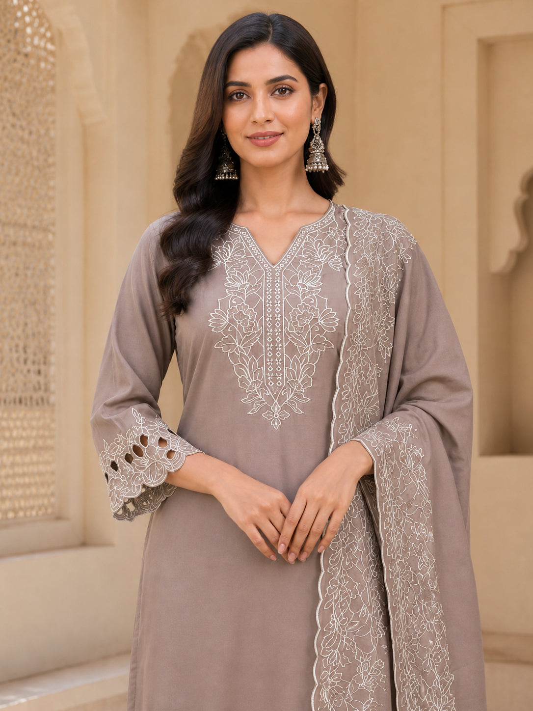 Peachmode Brown Poly Blend Floral Embroidered Salwar Suit Set - Image 5