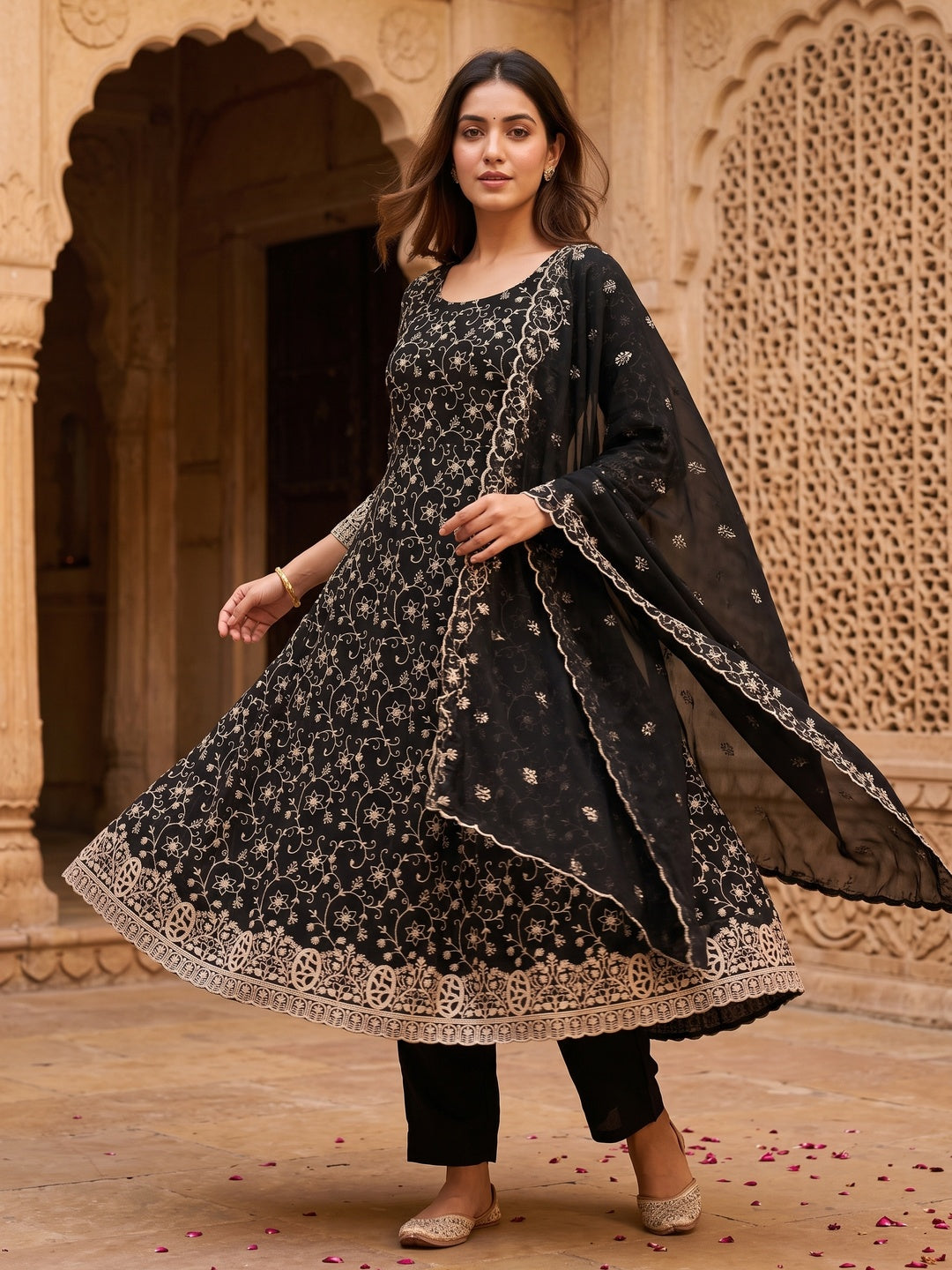Elegant Black Floral Zari Embroidered Georgette Dress Material With Graceful Finish - Image 5