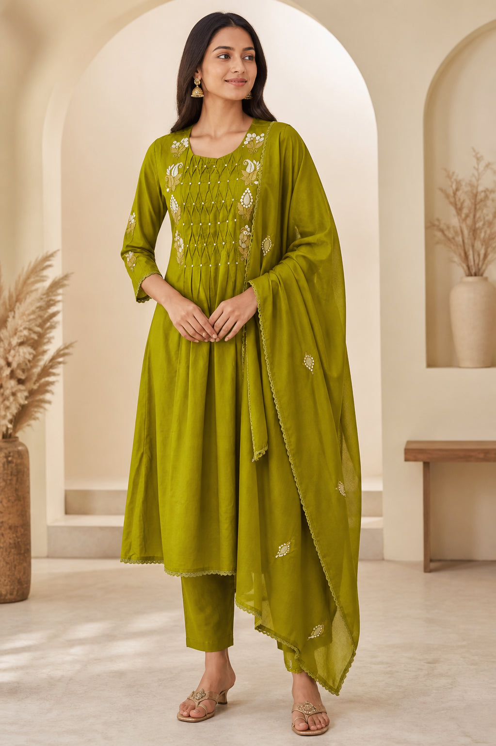 Peachmode Olive Pure Cotton Floral Embroidered Salwar Suit Set - Image 1