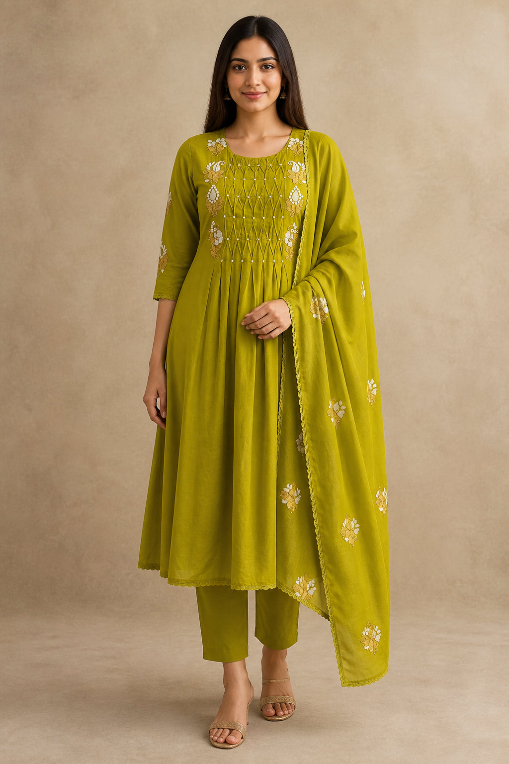 Peachmode Olive Pure Cotton Floral Embroidered Salwar Suit Set - Image 2