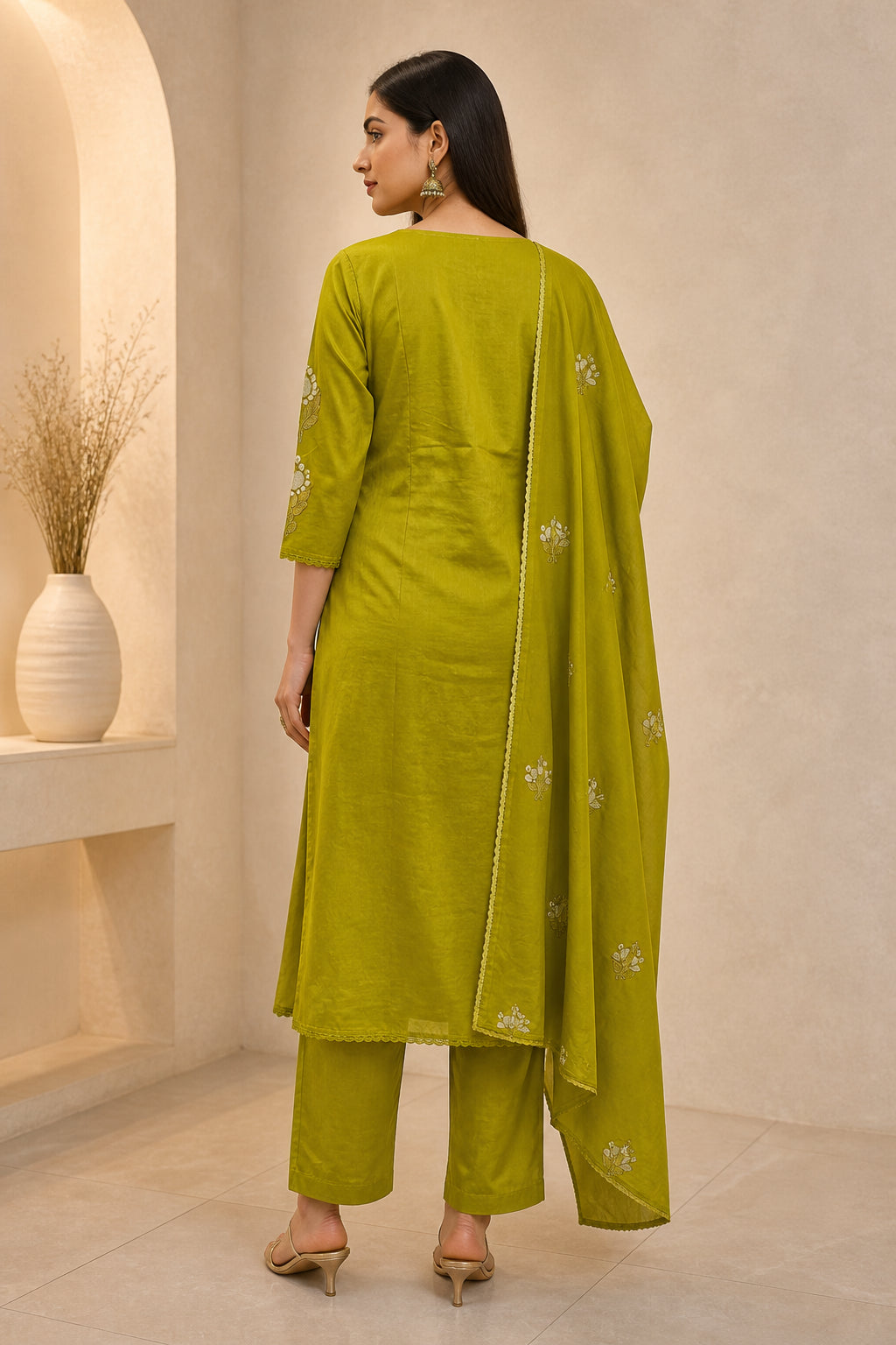 Peachmode Olive Pure Cotton Floral Embroidered Salwar Suit Set - Image 4