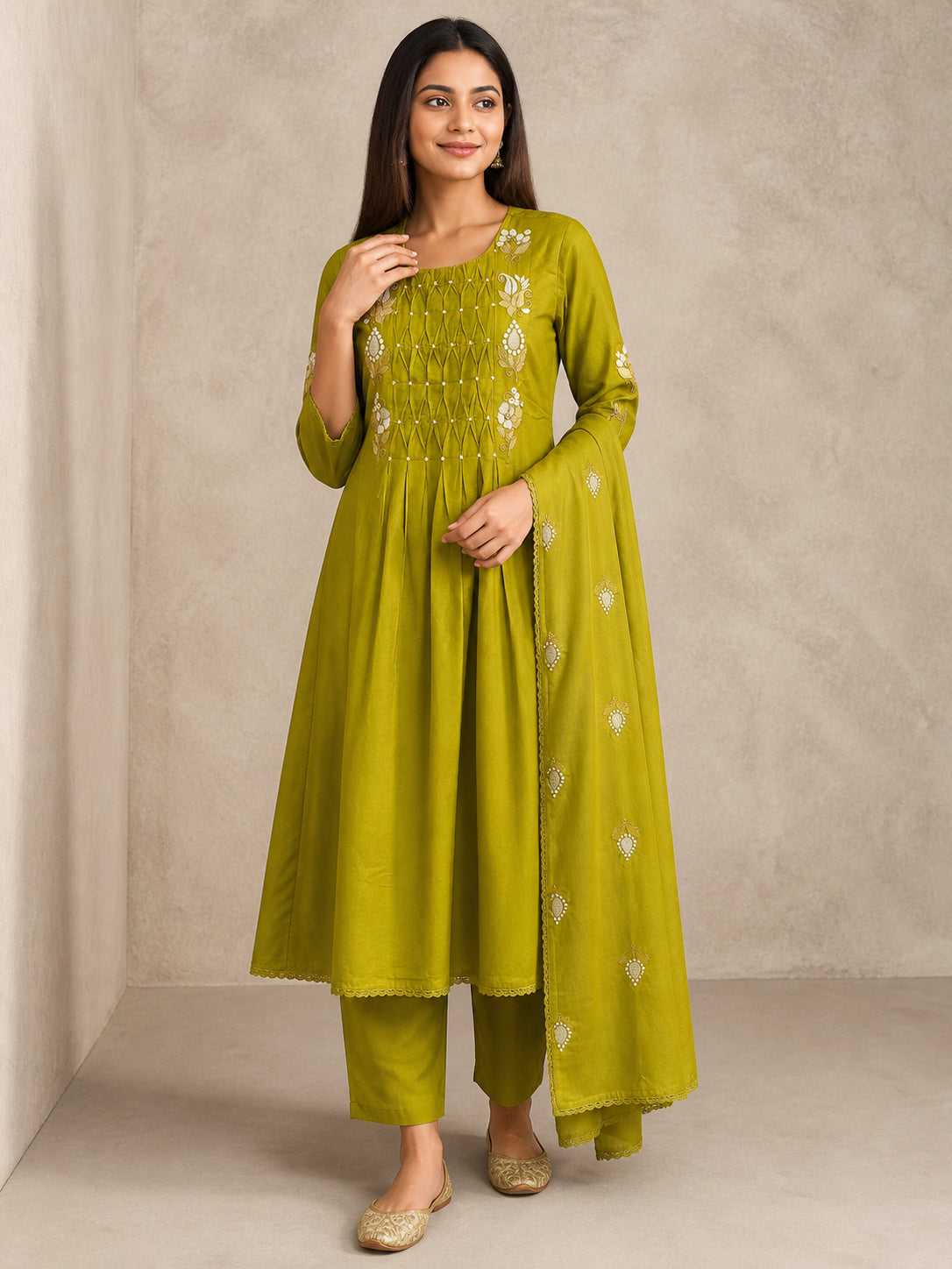 Peachmode Olive Pure Cotton Floral Embroidered Salwar Suit Set - Image 5