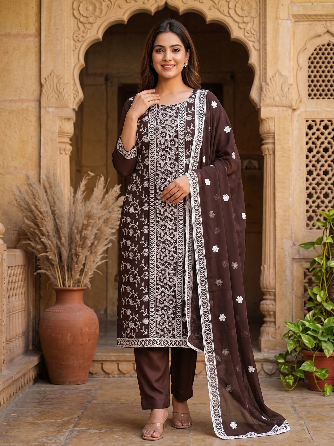 Coffee Brown Floral Embroidered Georgette Dress Material - Image 4