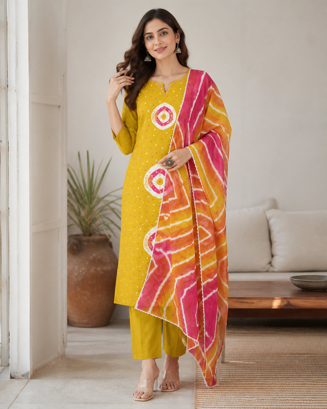 Peachmode Yellow Pure Cotton Bandhani Printed Salwar Suit Set - Image 1