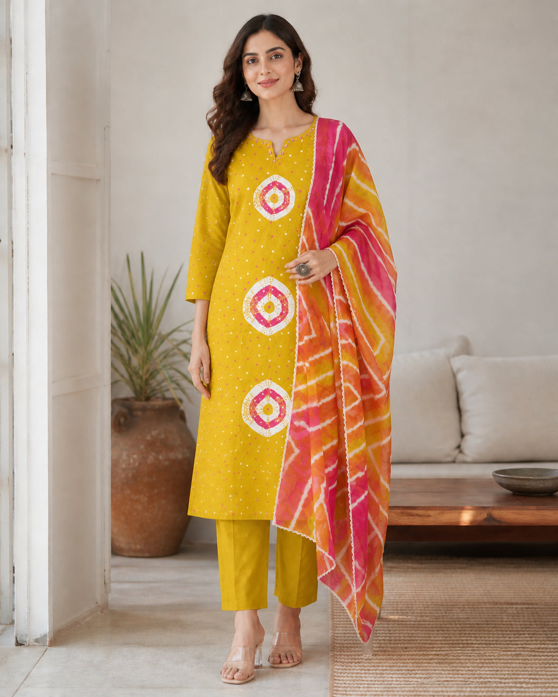 Peachmode Yellow Pure Cotton Bandhani Printed Salwar Suit Set - Image 2