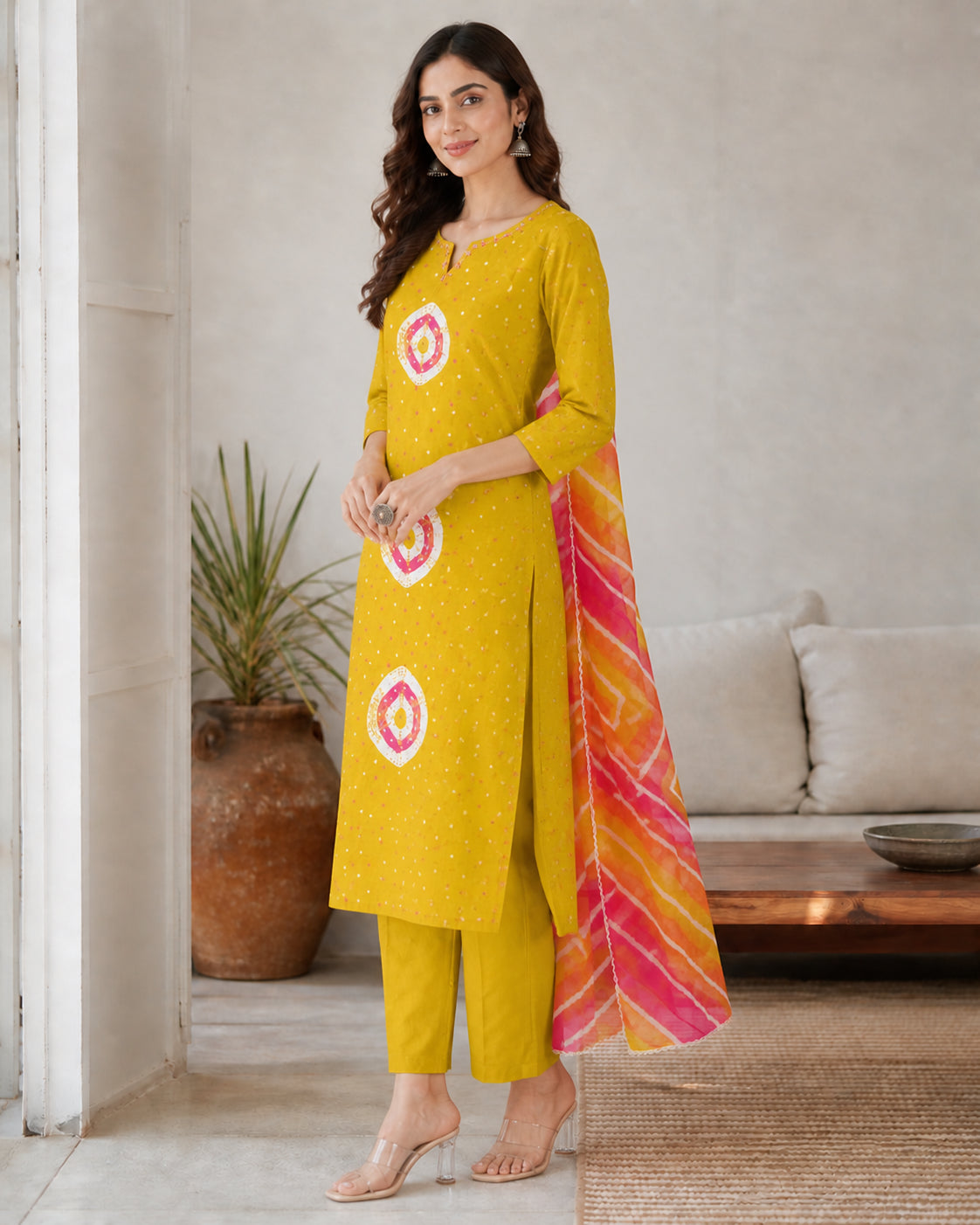 Peachmode Yellow Pure Cotton Bandhani Printed Salwar Suit Set - Image 3