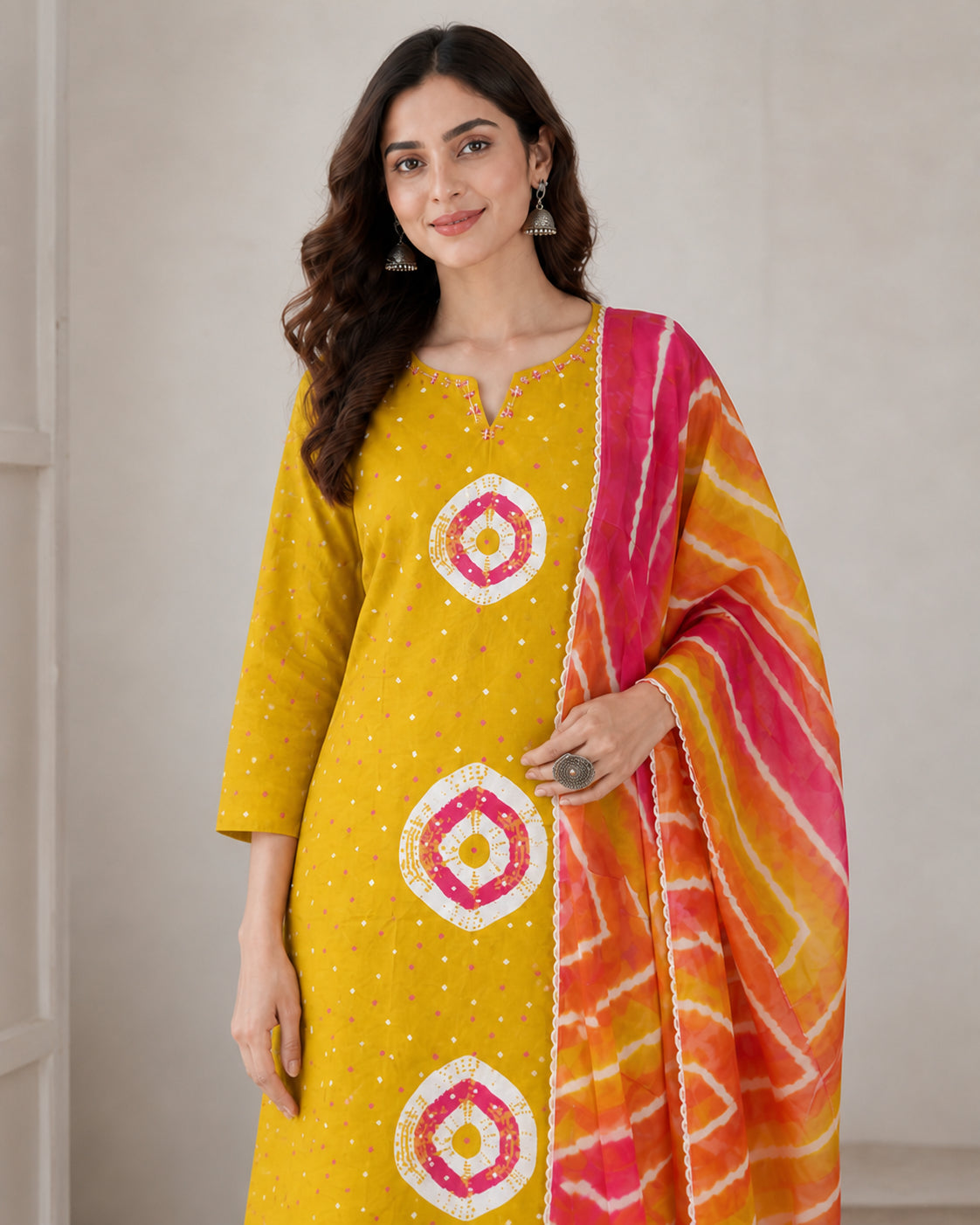 Peachmode Yellow Pure Cotton Bandhani Printed Salwar Suit Set - Image 5