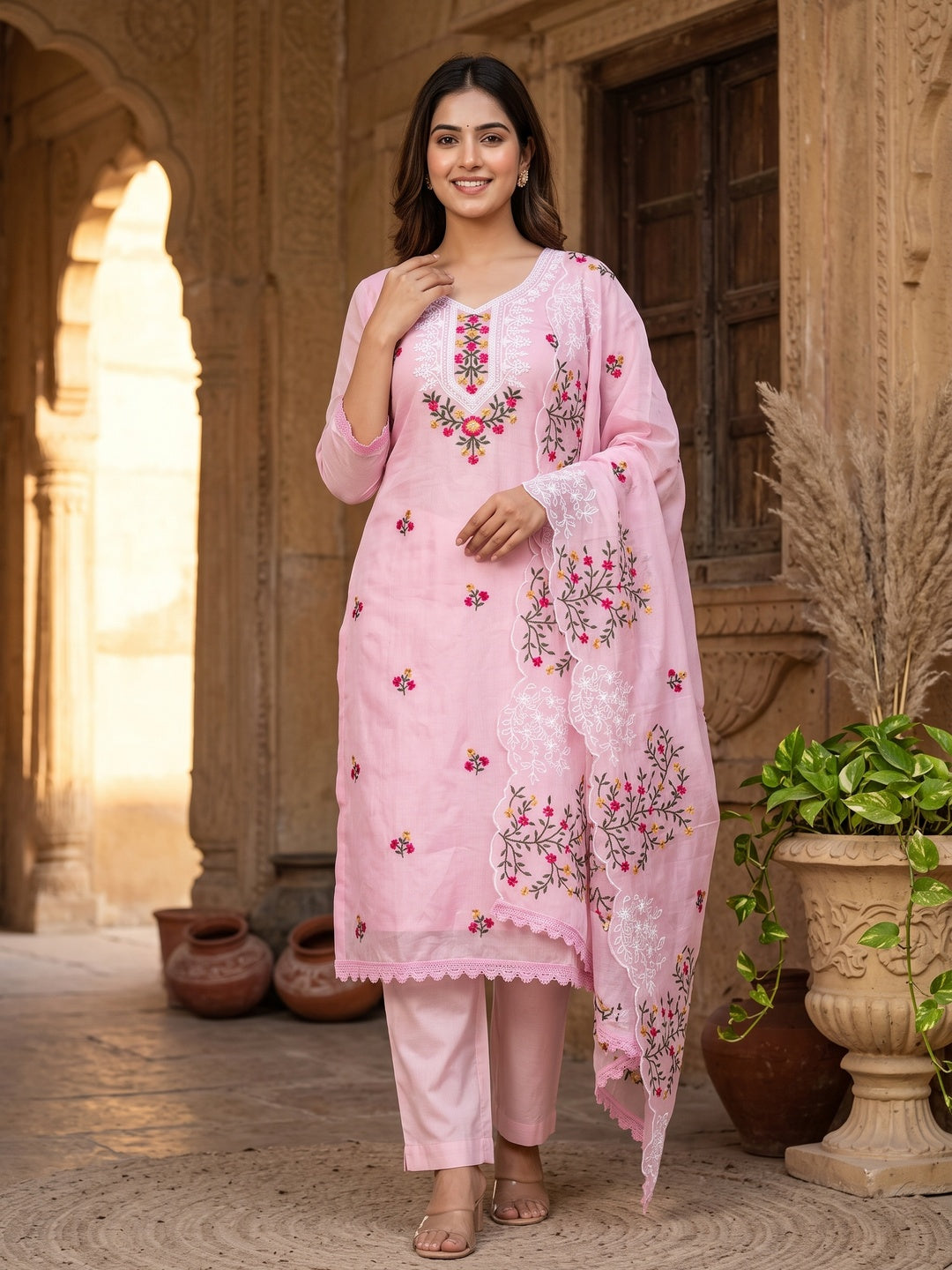 Pink Floral Embroidered Chanderi Dress Material - Image 1