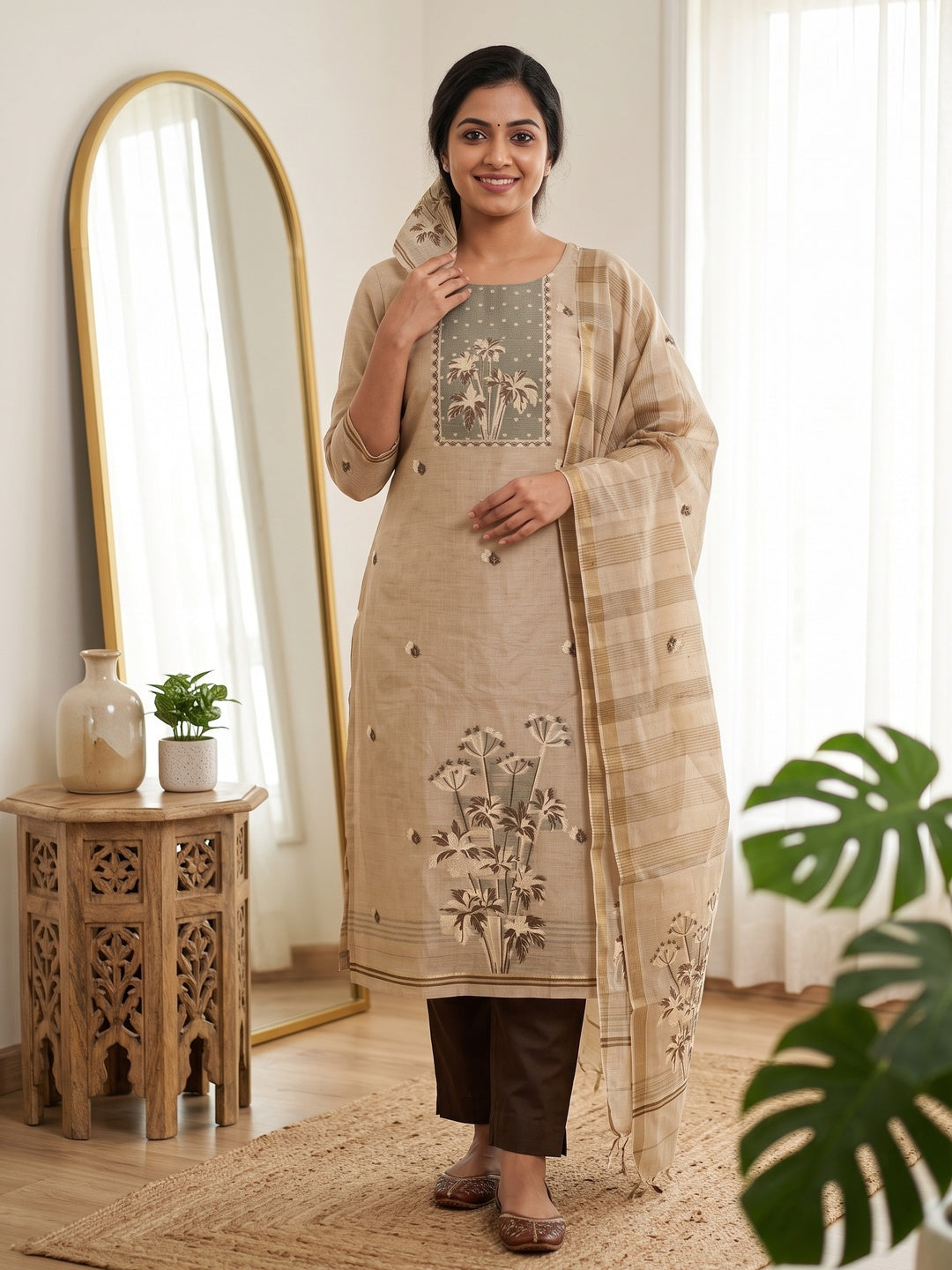 Elegant Beige & Brown Floral Zari Weaving Chanderi Silk Dress Material With Intricate Work - Image 6