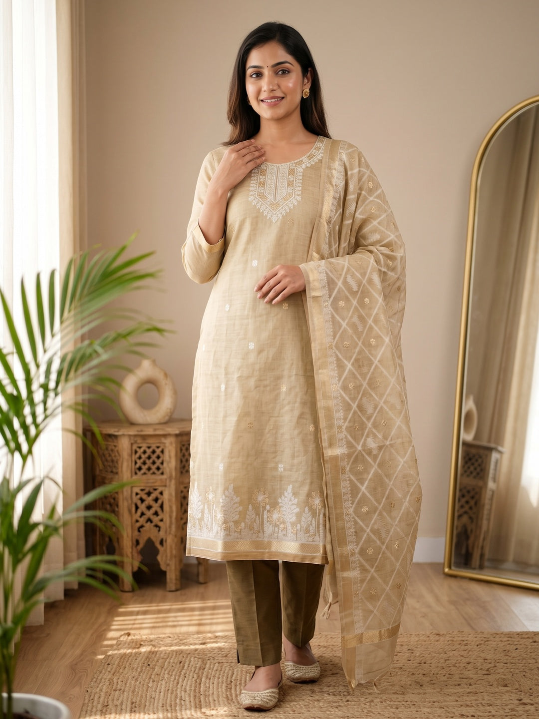Premium Cream Floral Weaving Chanderi Silk Dress Material With Intricate Zari Work - Image 6