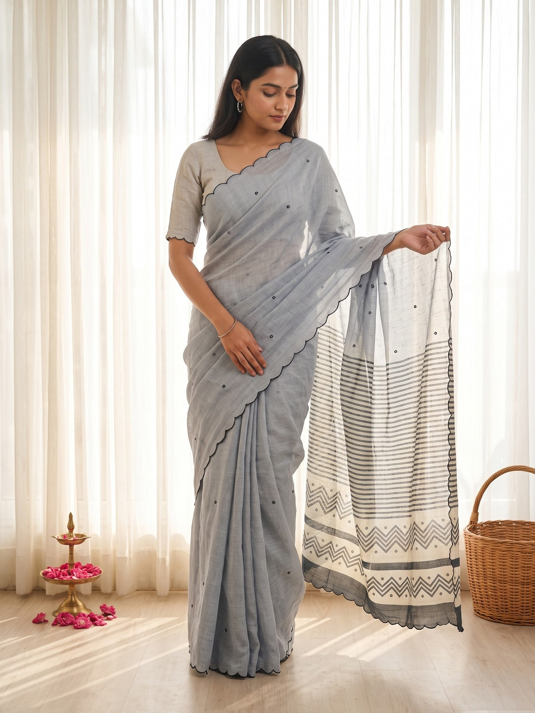 Stylish Grey Linen Saree with Multicolor Printed Motifs Minimal Elegant Look - Image 4