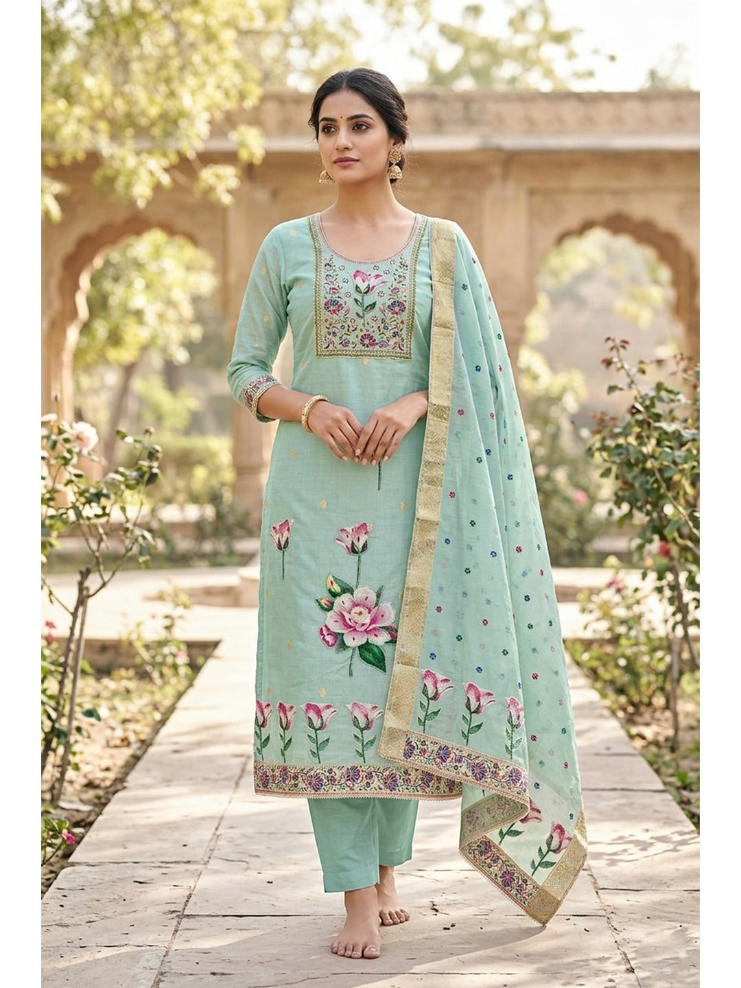 Peachmode Turquoise 11708 Unstitched Dress Material - Image 1