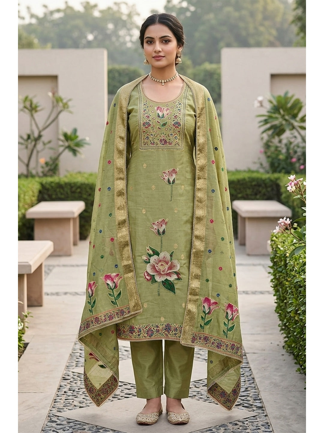 Peachmode Green Unstitched Dress Material - Image 1