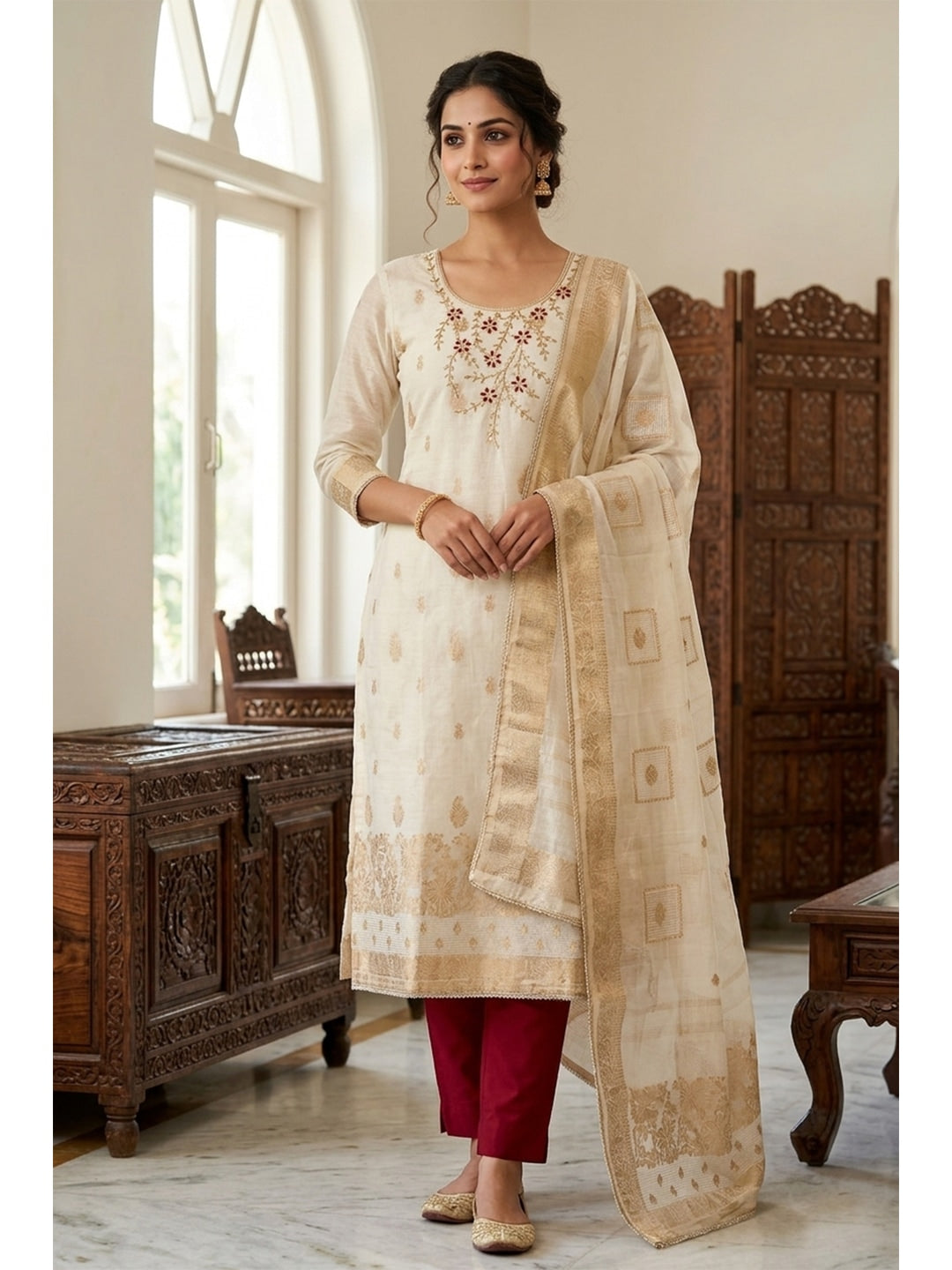 Peachmode Cream Maroon Unstitched Dress Material - Image 1